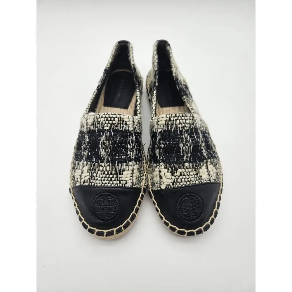 Tory Burch Logo Espadrille Flats Black Ivory Tweed Round Toe Slip-On sz 6.5